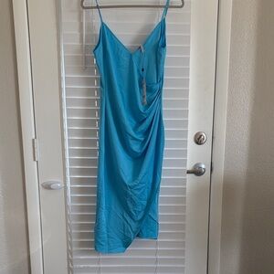 NWT BCBGeneration Vibrant Blue Midi Asymmetrical Ruching V Neck Slip Dress SZ 6